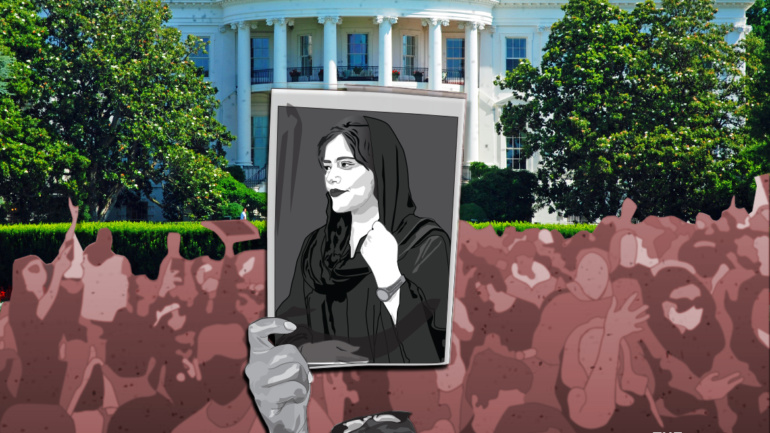 illustration of crowd in front of the white house holding an image of Mahsa Amini